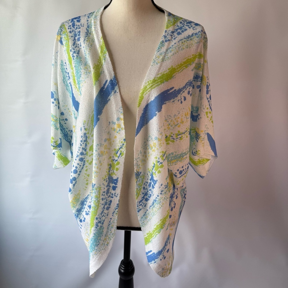 Ethyl Clothing turbine print BLUE GREEN open front shrug Large cardigan wrap